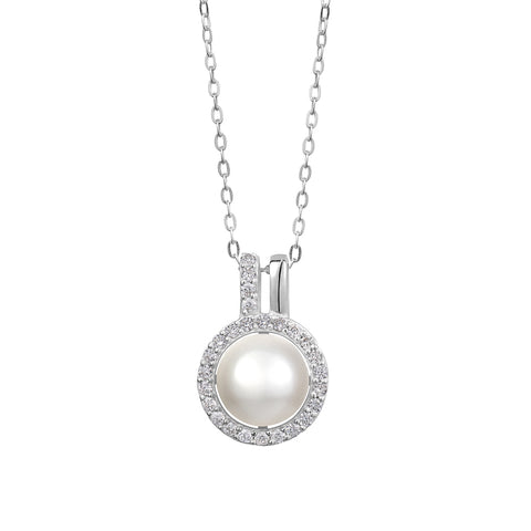 Sterling Silver Cubic Zirconia Halo Genuine Pearl Pendant