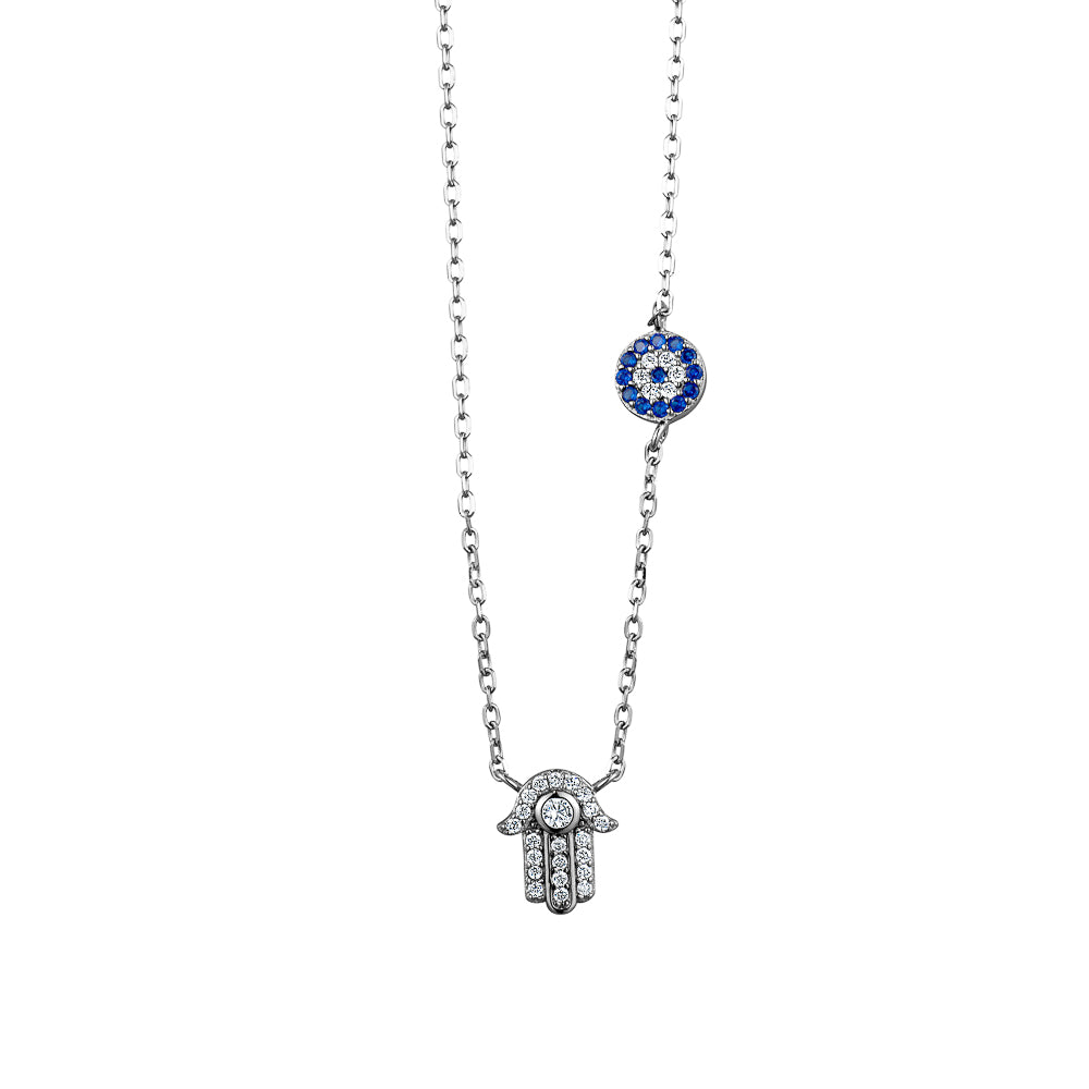 Sterling Silver Cubic Zirconia Chamsa and Evil Eye Necklace