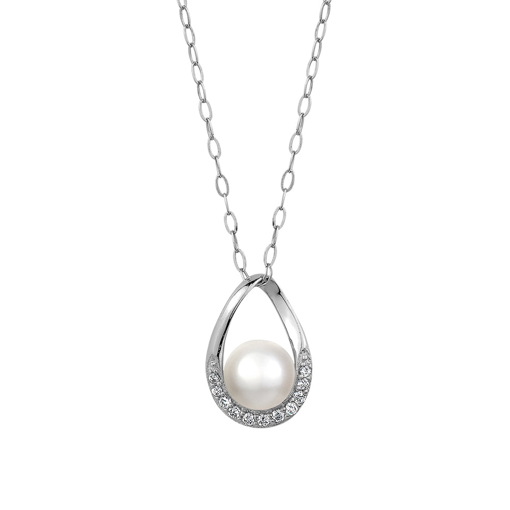 Sterling Silver Cubic Zirconia Genuine Pearl Open Teardrop Pendant