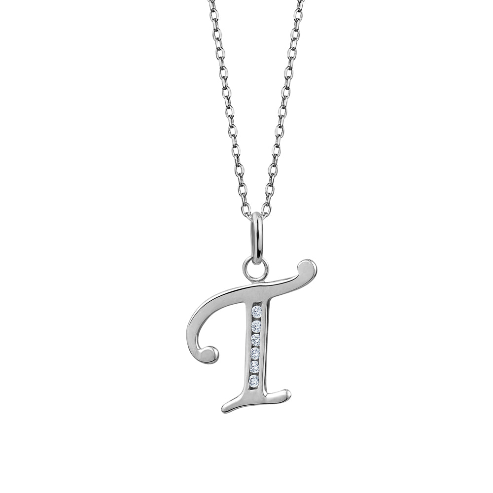 Sterling Silver Cubic Zirconia "T" Initial Pendant