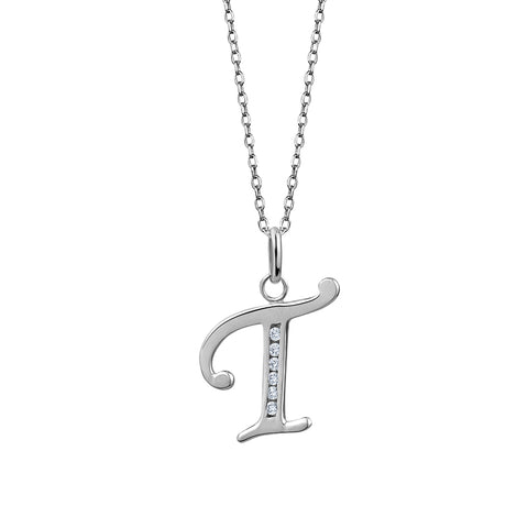 Sterling Silver Cubic Zirconia "T" Initial Pendant