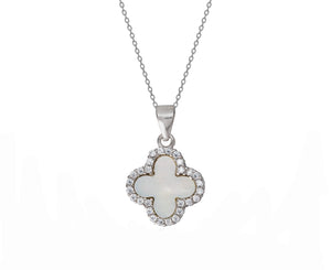 Sterling Silver Genuine Mother of Pearl & Cubic Zirconia Clover Pendant