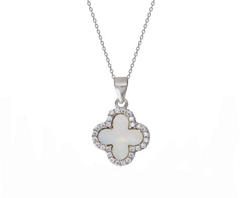 Sterling Silver Genuine Mother of Pearl & Cubic Zirconia Clover Pendant