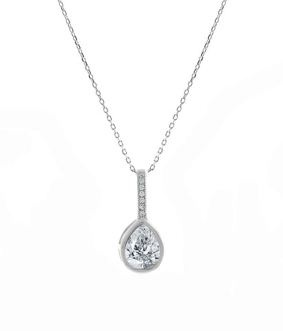 Sterling Silver Cubic Zirconia Pear Bezel w/ Cubic Zirconia Bale Pendant