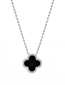 Sterling Silver Genuine Onyx & Cubic Zirconia Clover Pendant