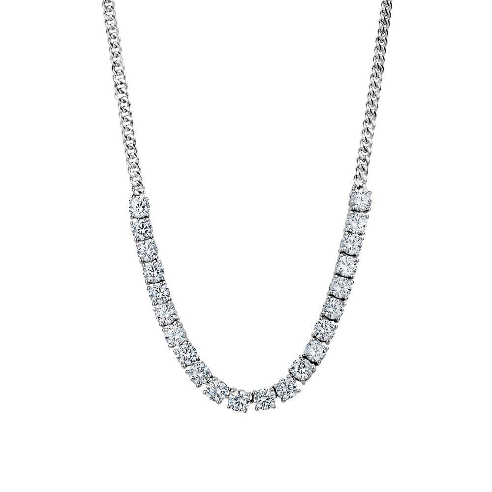 Sterling Silver Cubic Zirconia Round Demi Tennis Necklace Curb Chain