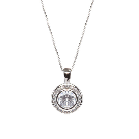 Sterling Silver Cubic Zirconia Round Bezel Halo Pendant