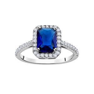 Sterling Silver Blue Cubic Zirconia Emerald-Cut Halo Ring Sz 7